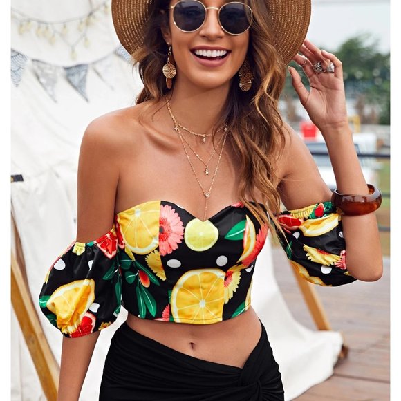 Sale ⭐️ NEW!  Size 6 or 8/10 Off Shoulder Puff Sleeve Citrus & Floral Top - Picture 2 of 4